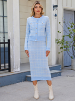 Kariertes Cardigan- und Bleistift-Midirock-Strick-Co-ord-Set für Damen 2025