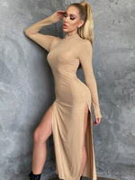 Khaki Maxikleider für Frauen Langarm Juwelenhals Unregelmäßiges bodenlanges geteiltes Kleid aus Polyester