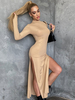 Khaki Maxikleider Langarm-Rundhalsausschnitt Maxi Polyester bodenlanges; geteiltes Kleid