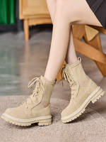 Khakifarbene Stiefeletten mit runder Zehenpartie und dickem Absatz für Damen