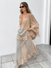 Khakifarbenes transparentes langes Lagenkleid mit V-Ausschnitt und langen Ärmeln für Damen 2025