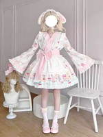 Kimono Lolita Outfits Hellhimmelblau Spitze Schleifen Rüschen Blumendruck Lange Ärmel Schürze Rock Top