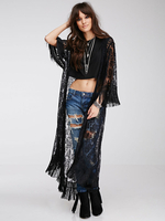 Kimono Spitze in Schwarz im schicken & modischen Style mit Fransen für Straßen-Style mit langen Ärmeln und durchsichtigem Design