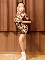 Kinder Latin Dance Kleider Leopard Girls Set Lycra Spandex Tanzkostüm