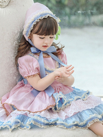 Kinder süße Lolita Kleid Kopfbedeckung rosa Kurzarm blau Schleife Rüschen Polyester Kinder Prinzessin einteiliges Kleid
