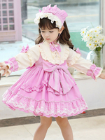Kinder süße Lolita Kleid Kopfbedeckung rosa Spitze Schleifen Polyester Langarm Kinder einteiliges Kleid