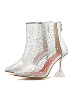 Klare Stiefel mit spitzen Zehen und transparenten Plexiglas-Stiefeln mit hohem Absatz