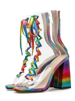 Klare Stiefel zum Schnüren Peep Toe Rainbow Plexiglas-Stiefeletten mit ausgestelltem Absatz