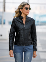 Klassische Motorradjacke aus Kunstleder mit Reißverschluss und Stehkragen für Damen 2025