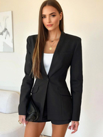 Klassische schwarze Blazerjacke für Damen mit V-Ausschnitt ein Knopf schmale Passform Frühlingsoberbekleidung 2025