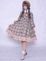 Klassischer Lolita Mantel karierter Rüschenbogen Button Up Lolita Wollmantel