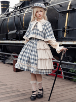 Klassischer Lolita-Poncho Infanta Hellhimmelblaue Baumwollschleifen Plaid Herbst Lolita Outwears