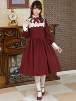 Klassisches Lolita OP-Kleid Burgund Lace Bow Cotton Plissee Einteiliges Kleid