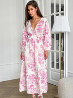 Kleid mit Blumendruck tiefer V-Ausschnitt Baumwolle lange Ärmel rückenfrei böhmisches Sommerkleid für Frauen 2025