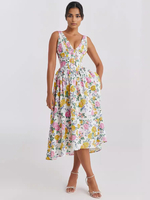 Kleid mit Blumenmuster tiefer V-Ausschnitt ärmelloses Midikleid für Damen 2025