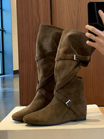 Kniehohe Stiefel aus Wildleder für Damen runde Zehenpartie Schnallendetail Criss Cross flache Stiefel