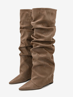 Kniehohe Stiefel aus Wildleder für Damen spitze Zehenpartie flacher Umschlagstiefel