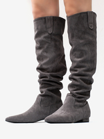 Kniehohe Stiefel aus Wildleder in Grau mit spitzer Spitze flache Slouch-Stiefel