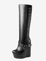 Kniehohe Stiefel Damen PU Schwarz Schicke Schnalle Kniehohe Stiefel Keilabsatz