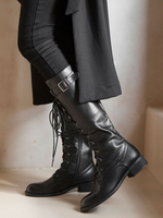 Kniehohe Stiefel Damen Schwarzes Rindsleder Schnürschuhe mit runden Zehen und Welpenabsatz