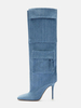 Kniehohe Stiefel für Damen Denim spitze Zehenpartie Taschen High Heel-Stiefel