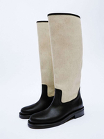 Kniehohe Stiefel für Damen mit Patchwork runder Zehenpartie und flacher Reitstiefelette