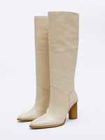 Kniehohe Stiefel mit dickem Absatz für Damen ecru-weiß spitze Zehenpartie High Heel-Stiefel