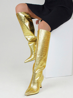 Kniehohe Stiefel mit goldenem Steinmuster und metallisch spitzer Zehenpartie