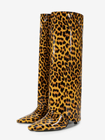 Kniehohe Stiefel mit hohem Absatz und Leopardenmuster spitzer Zehenpartie und Umschlag
