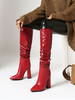 Kniehohe Stiefel mit rotem Croc-Print für Damen mit spitzer Zehenpartie und klobigem Absatz