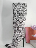 Kniehohe Stiefel mit Schlangenmuster für Damen spitze Zehenpartie und Stilettoabsatz