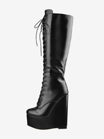 Kniehohe Stiefel Schwarz Sexy Schnürstiefel mit Keilabsatz für Damen