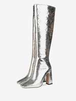 Kniehohe Stiefel Silber Square Toe Snake Print Chunky Heel Helles Leder Knielange High Heel Damenstiefel