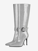 Kniestiefel für Damen hoher Absatz silberfarben spitze Zehenpartie Schnallendetail Partystiefel