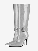 Kniestiefel für Damen hoher Absatz silberfarben spitze Zehenpartie Schnallendetail Partystiefel