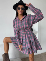 Kombiset aus kariertem Hemd mit Gürtel und Minirock mit Rüschensaum für Damen 2025