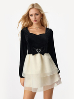 Kontrastierendes Minikleid mit Schleife langen Ärmeln und quadratischem Kragen mehrlagiges Geburtstagspartykleid 2025