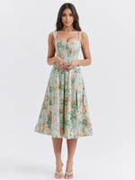 Korsettkleid mit Blumenmuster breiten Trägern rückenfrei mit Schnürung und Schlitz sexy Party-Midikleider