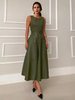 Kunstleder A-Linien-Kleid Grün Trägerlos Gürtel Elegantes Sommer Midikleid Für Frauen 2025