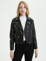 Kunstleder Moto Jacke PU Umlegekragen Reißverschluss Boyfriend Style Slim Fit Revers Frühling Herbst Schwarz Biker Oberbekleidung für Damen