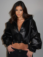 Kunstlederjacke mit Kapuze Kordelzug hohe Taille Frühling lässige Pu-Oberbekleidung für Frauen 2025