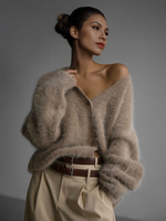 Kunstpelz-Cardigan khaki lange Ärmel V-Ausschnitt übergroß gemütlich Frühlings-Oberbekleidung für Damen 2025