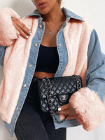 Kunstpelzmäntel Lange Ärmel Lässige Farbblock Übergroße Umlegekragen Rosa Winterjacke