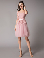 Kurz Ballkleides 2021 Miniatur Rosa Halbe Ärmel Spitze Tutu-Kleid für die Heimkehr