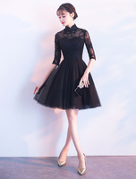 Kurze Ballkleider Schwarz Halbe Hülsen-Spitze Tulle Cocktailparty-Kleid