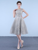 Kurze Brautkleider Hellgraue Schleife Sash Spitze Applique Eine Linie Tee Länge Cocktail Party Dress