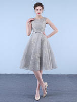 Kurze Brautkleider Hellgraue Schleife Sash Spitze Applique Eine Linie Tee Länge Cocktail Party Dress