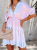 Kurzes Sommerkleid Lila V-Ausschnitt Plissee bedruckt Plissee Strandkleid