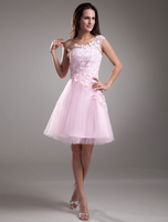 Lace 2021 Anlässe Kleider günstig Cocktail-Kleid One Shoulder Short Prom Kleid rosa Tüll Partykleid