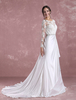 Lace Brautkleid Elfenbein Langarm Brautkleid Backless Satin Schatz Applique Perlen Schärpe A Line Brautkleid Mit Kapelle Zug